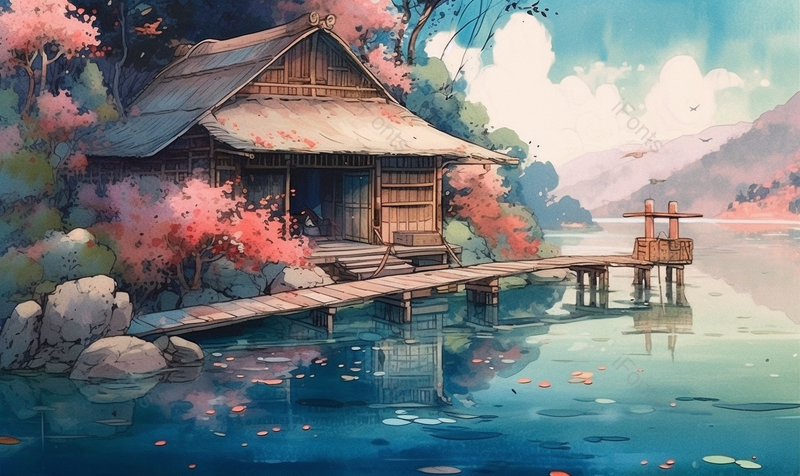河岸边的亭台房屋桃花古风美景素材背景,插画/手绘图,插画/手绘图库,插画/手绘图下载,插画/手绘